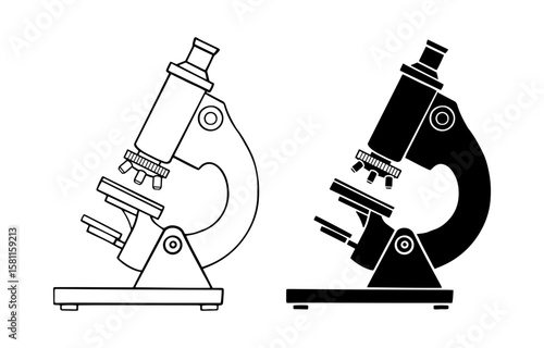 Microscope Outline and Solid Doodle Sketch. Education, Chemistry, Science, Biology, lab research equipment. Isolated vector illustration