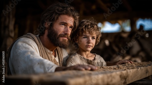 Young Jesus works beside Joseph in a sunlit carpentry shop in Nazareth, their hands shaping wood with quiet focus and warmth in a moment of sacred simplicity and connection.