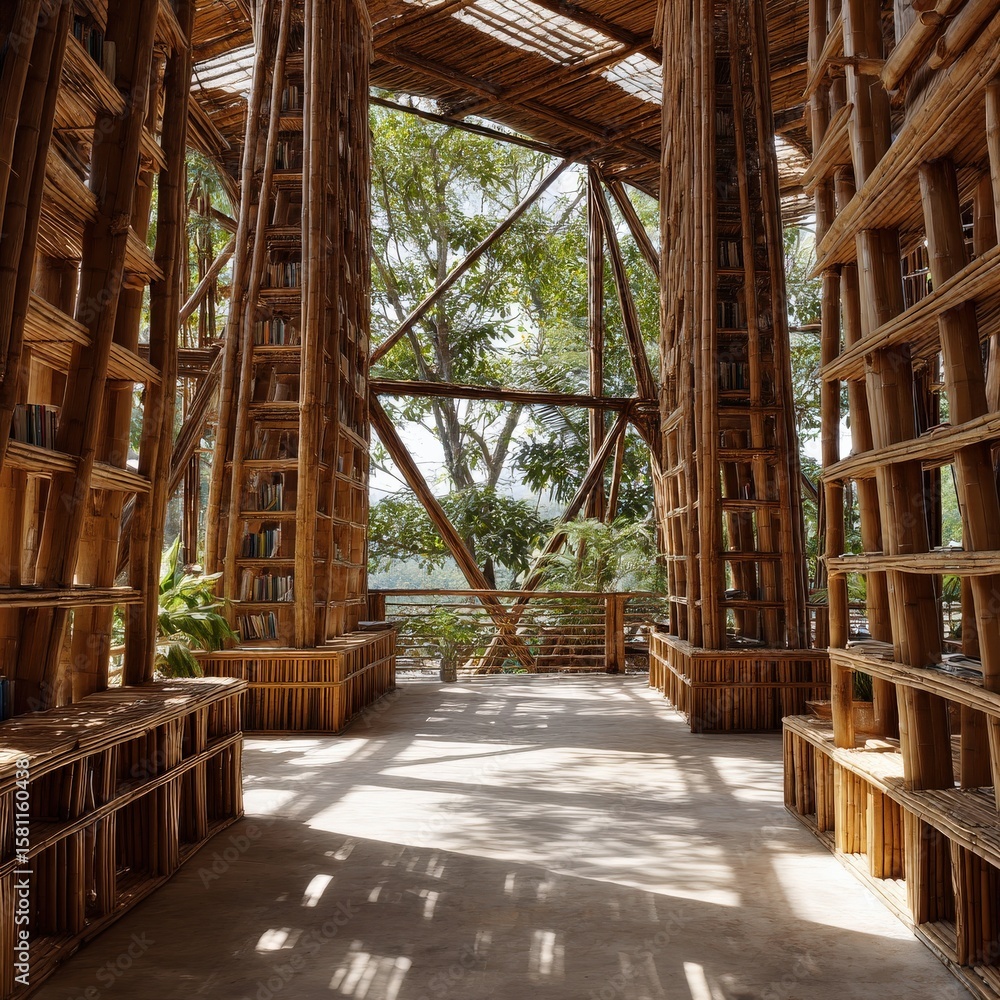 Fototapeta premium Sunlit bamboo library. Books line the walls of this unique structure.