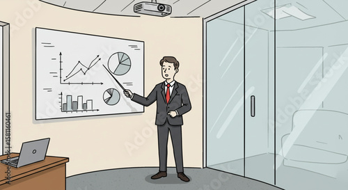 Businessman in a suit giving a presentation, pointing at a whiteboard with charts andgraphs in a modern office. Corporate training concept illustration.