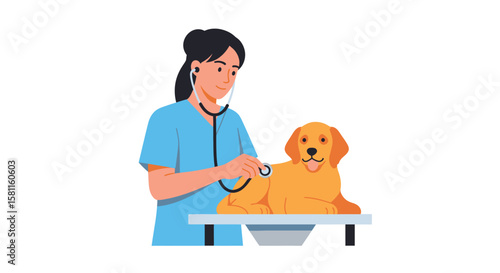 A veterinarian examining a golden retriever dog with a stethoscope on a table.
