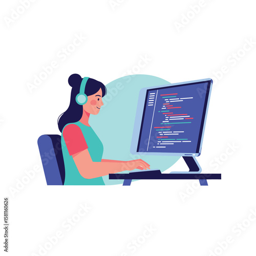A woman wearing headphones codes on a computer, working diligently.
