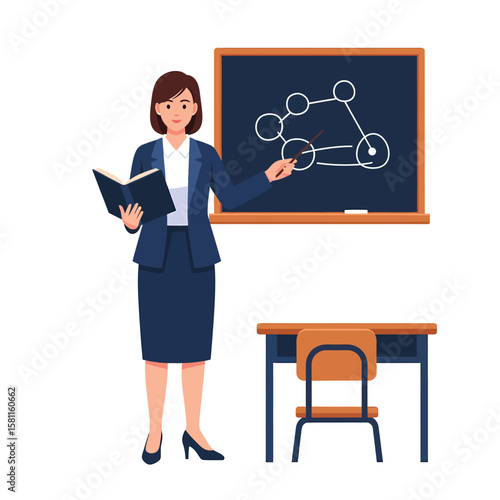 Businesswoman teacher explaining a diagram on a chalkboard in a classroom setting.