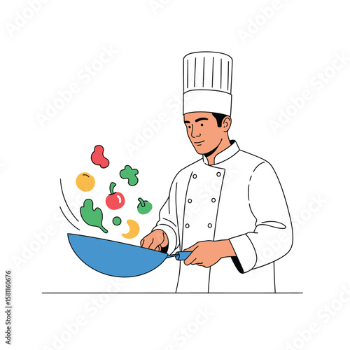 A chef in a white uniform is skillfully tossing vegetables into a blue wok.
