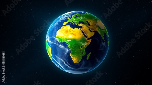 Earth globe floating in starry space, highlighting vibrant continents in a cosmic setting.