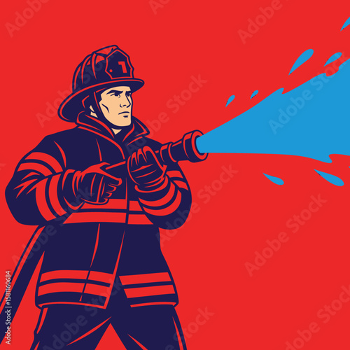 A firefighter bravely battles a blaze, directing a powerful water stream from a hose.