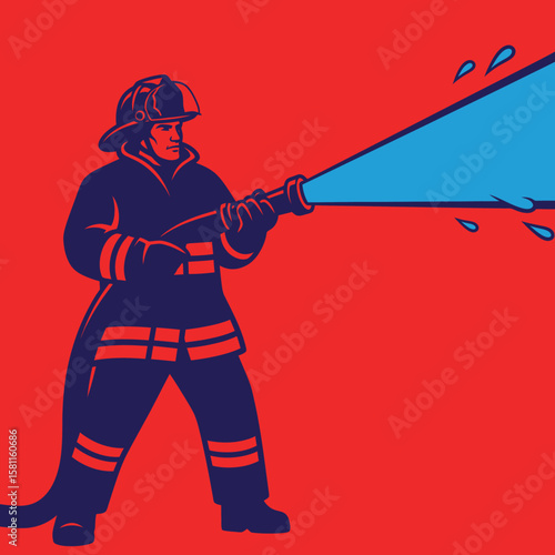 Firefighter bravely battles blaze, powerful water stream subdues flames.