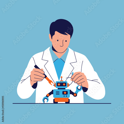 A scientist in a lab coat carefully repairs a small, cartoon robot.