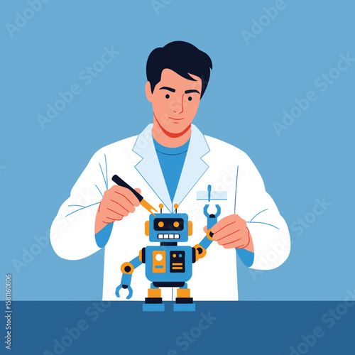 A scientist in a lab coat carefully repairs a small, blue robot with tools.