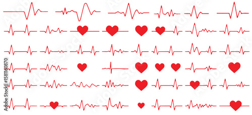 Red heartbeat line collection with heart symbol, cardiology, medical pulse, ECG, EKG design, healthcare clipart vector illustration, health monitoring, digital heartbeat graphics, v5
