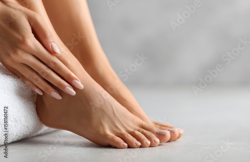 The scene depicts a woman relaxing with her feet pampered, displaying beautiful hands and feet with soft skin and manicured nails on a white towel, possibly after a spa pedicure session, conveying a