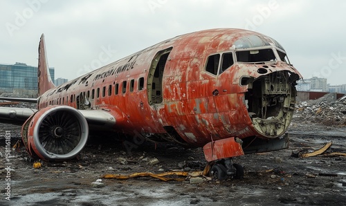 Wallpaper Mural Abandoned aircraft fuselage in a desolate landscape, showcasing rusted exterior and exposed interior, surrounded by debris and urban skyline, representing decay and forgotten aviation history Torontodigital.ca