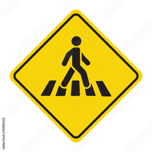 pedestrian crossing warning sign icon - yellow diamond traffic symbol with walking person on crosswalk