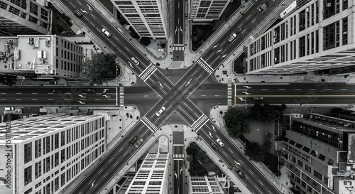 Cityscape Intersection Monochromatic Aerial View Urban Traffic Flow