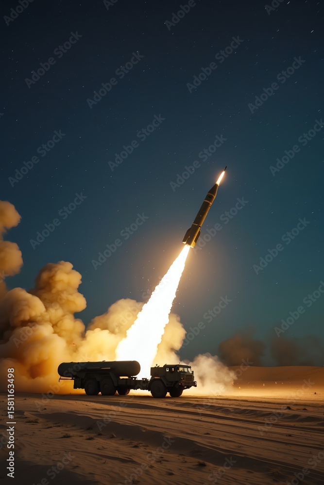Obraz premium Rocket launching from a military vehicle into the night sky with stars