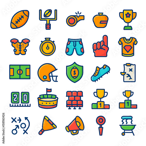 Colorful American football icons: equipment, field, strategy, awards.