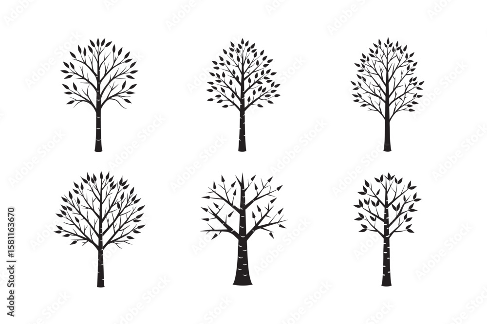 Fototapeta premium silhouette birch tree set bundle on white background