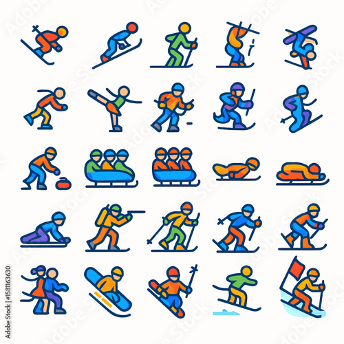 Colorful illustrations of various winter sports activities, showcasing athletes in action.