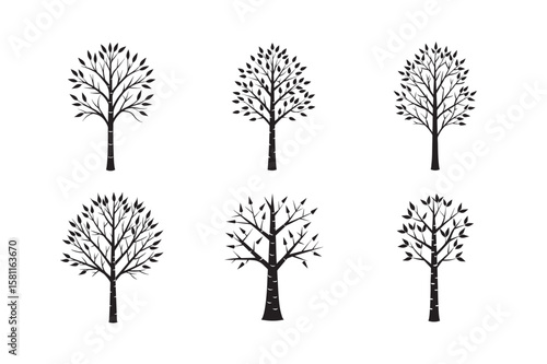 silhouette birch tree set bundle on white background