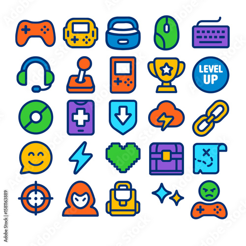 Collection of colorful, outlined icons representing various video game elements.