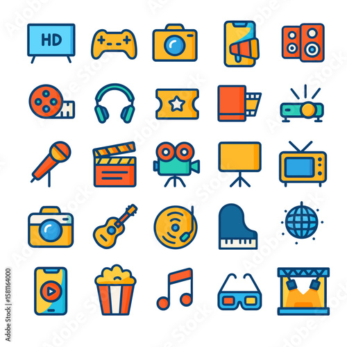 A collection of colorful, outlined icons representing various media and entertainment elements, including film, music, gaming, and viewing technologies.