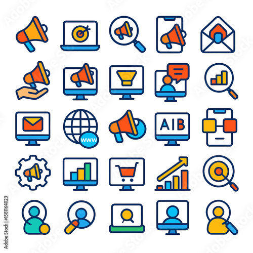 Collection of colorful, outlined icons representing various digital marketing and advertising elements.