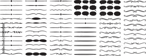 Assorted Decorative Dividers and Speech Bubbles Black Silhouette Collection of Hand Drawn Dividers and Chat Bubbles for Design Elements and Creative Projects