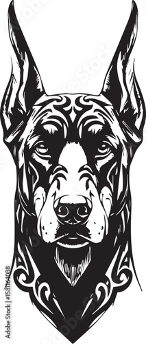 Stylized line art of a Doberman dog face, tribal tattoo style