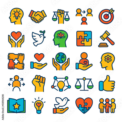 Collection of colorful, outline icons representing various social and personal values.