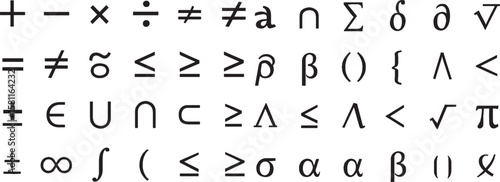 Collection of Mathematical and Symbolic Notations Depicting Arithmetic, Set Theory, Calculus, and Greek Alphabet Representing a Variety of Concepts and Operations in Diverse Branches of Mathematics