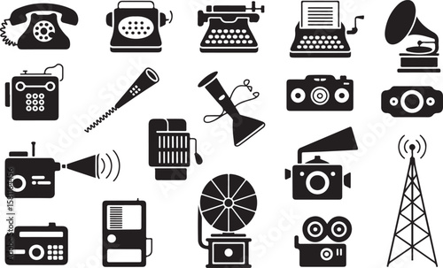 Vintage Communication Devices Retro Telephone, Typewriter, Radio Icons