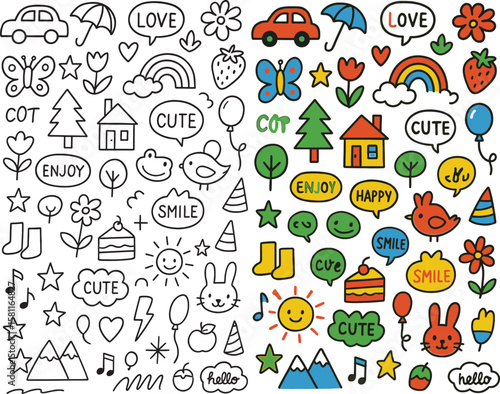 Colorful and Playful Doodle Collection Hand Drawn Style featuring Cute Animals, Objects, and Words Promoting Joy and Positivity for Children and Creative Projects