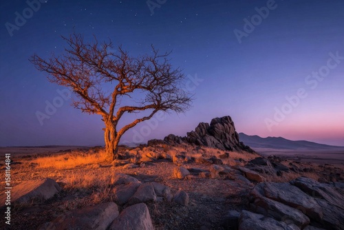 Faith and hope: lone tree under a starry night sky. Modern spirituality. From acquaintance to deep relationship with christ. Spiritual enlightenment. Futuristic meditation.