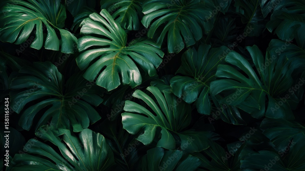 Lush monstera leaves in deep green tones. AI image Lush monstera leaves in deep green tones. AI image