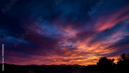 Fiery sunset over tranquil lake. AI image
