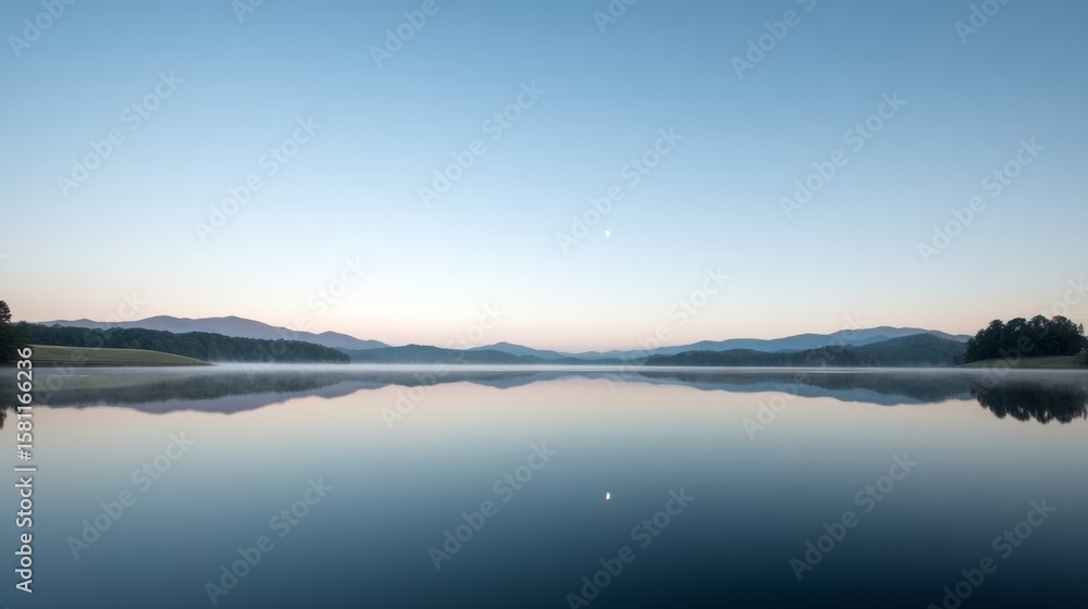Fototapeta premium A calm lake enveloped by majestic mountains, shining with a resplendent luminous orb above a tiny island