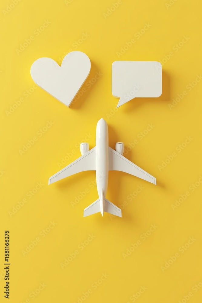 Fototapeta premium Creative composition of airplane, heart, and speech bubble on yellow background