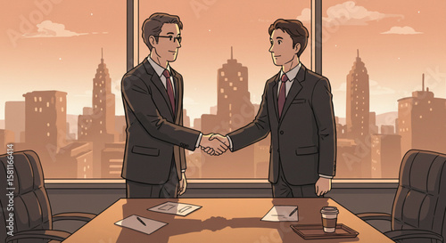 Two professional businessmen in suits shaking hands over a desk to finalize a successful partnership agreement in a city office.