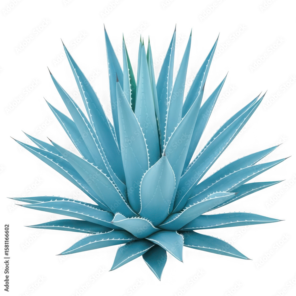 Fototapeta premium A striking blue agave plant with sharp serrated leaves isolated on a stark black background