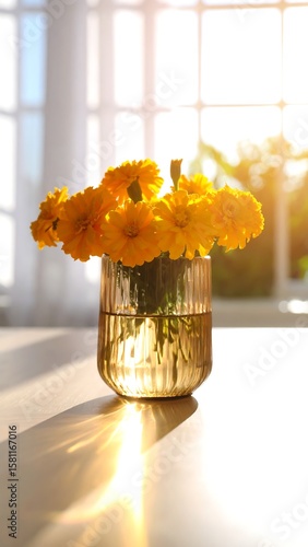 Yellow flowers in vase, sunlight (1)