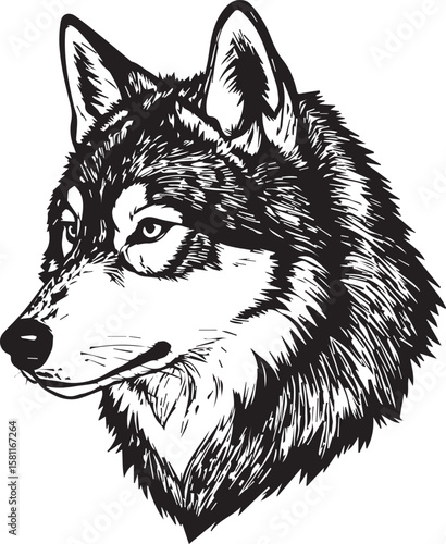 Realistic husky dog face in engraved tattoo style black and white only