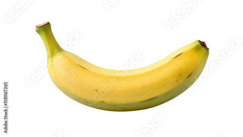 An isolated ripe yellow banana neatly positioned against a clean white background. The fruit has the curved shape typical of bananas and small brown spots on the skin, indicating its optimal ripeness.