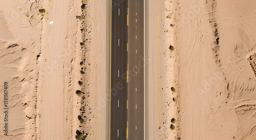Desert Highway Stretch Empty Road Cut Through Arid Landscape Top Down Perspective