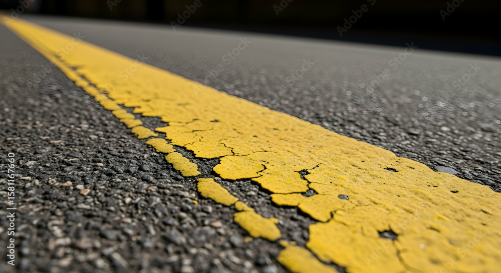 Obraz premium Close Up Of A Yellow Line On A Dark Asphalt Road Surface