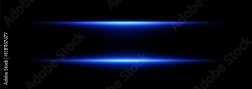 Light neon lines with flare effect. Laser beam glow. Horizontal stripe with bright flash. Vector isolated led radiance on black background.