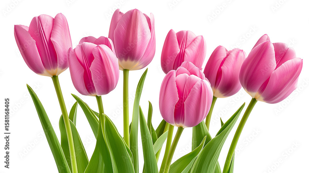 Fresh Pink Tulips with Vibrant Green Leaves, Isolated on a White Background Fresh Pink Tulips with Vibrant Green Leaves, Isolated on a White Background