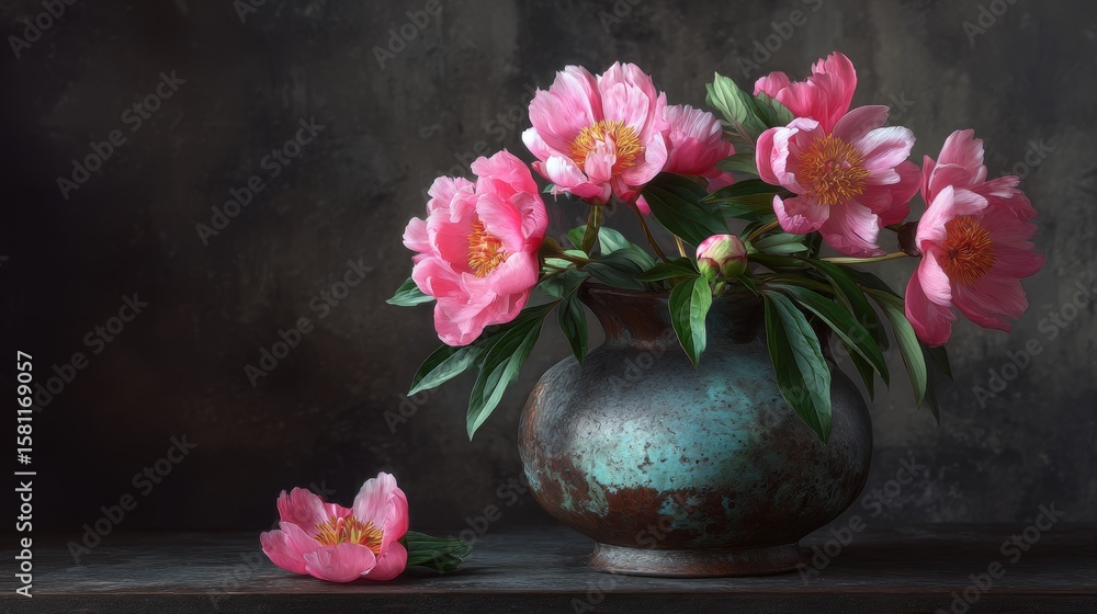 Fototapeta premium Two pink flower-filled vases are stacked, one on top of the other, on a wooden table
