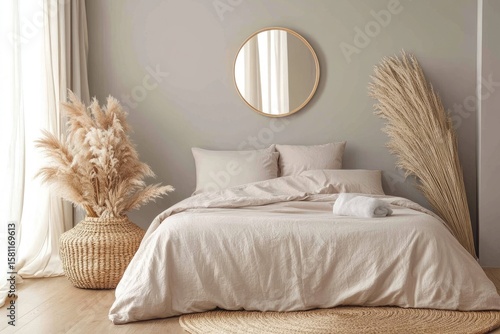 Beige bedroom with round mirror and pampas grass