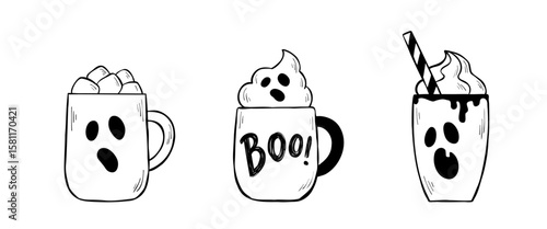 Set of three Halloween cocktail drinks in ink sketch style for web banner, sticker design, coloring book. Line vector illustration of spooky ghost mugs isolated on white background. 