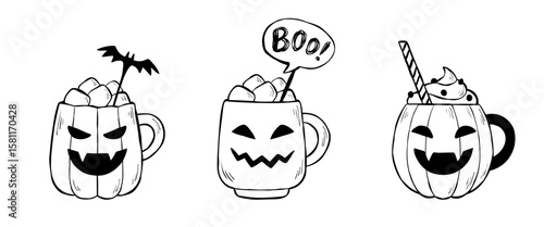 Set of three Halloween drinks in ink sketch style for web banner, coloring book, or sticker design. Outline vector illustration of Jack-o'-lantern mugs isolated on white background. Spooky season.